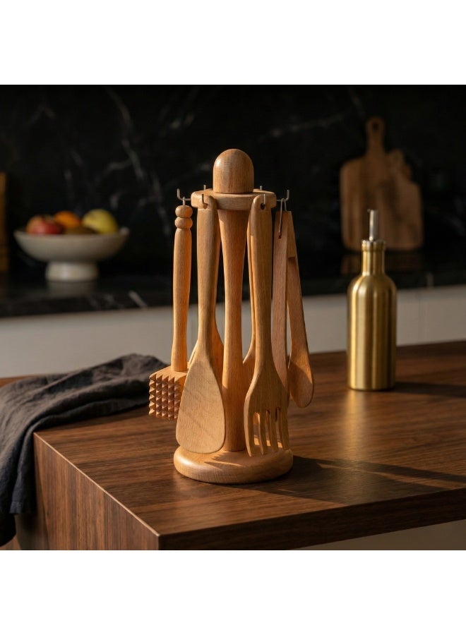 كذا هوم طقم أدوات مطبخ خشبي مع حامل دوّار عدة قطع للطهي مصر - Image 3